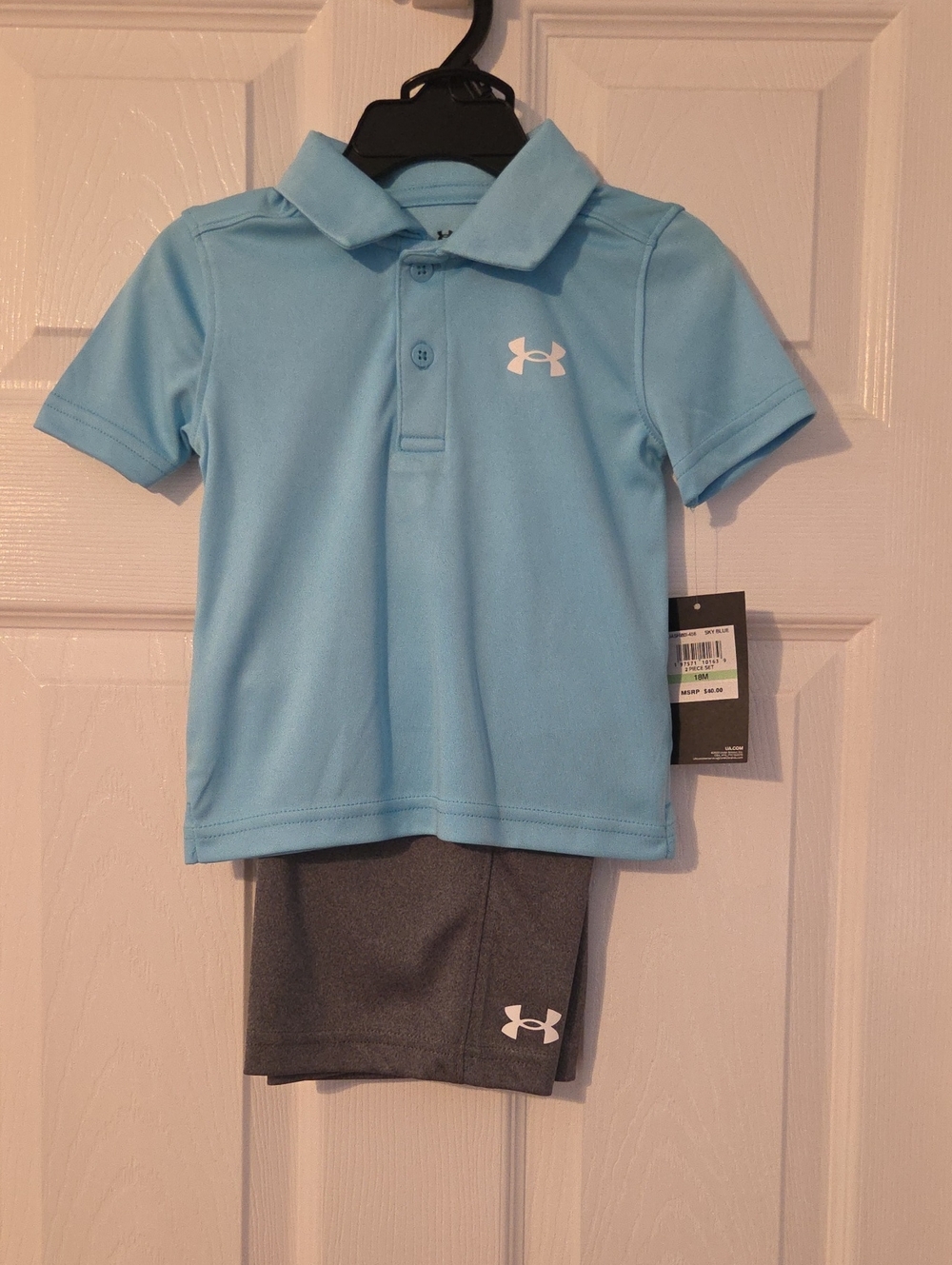 NWT Under Armour Boys Light Blue Polo with Gray Shorts Set.  18 Months